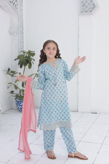 Embroidered Girls’ Party Dress – Blue