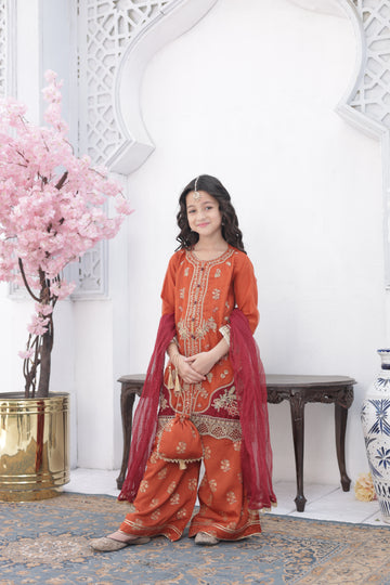 Embroidered Girls’ Party Dress – Orange