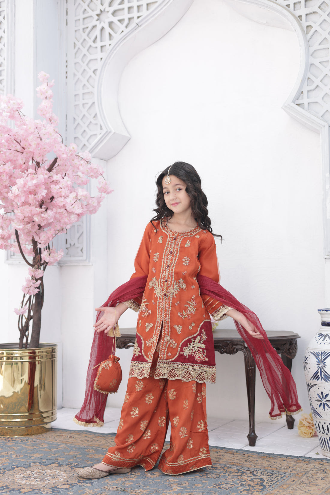 Embroidered Girls’ Party Dress – Orange