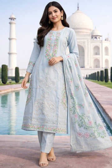3 Piece Embroidered Raw Silk Suit